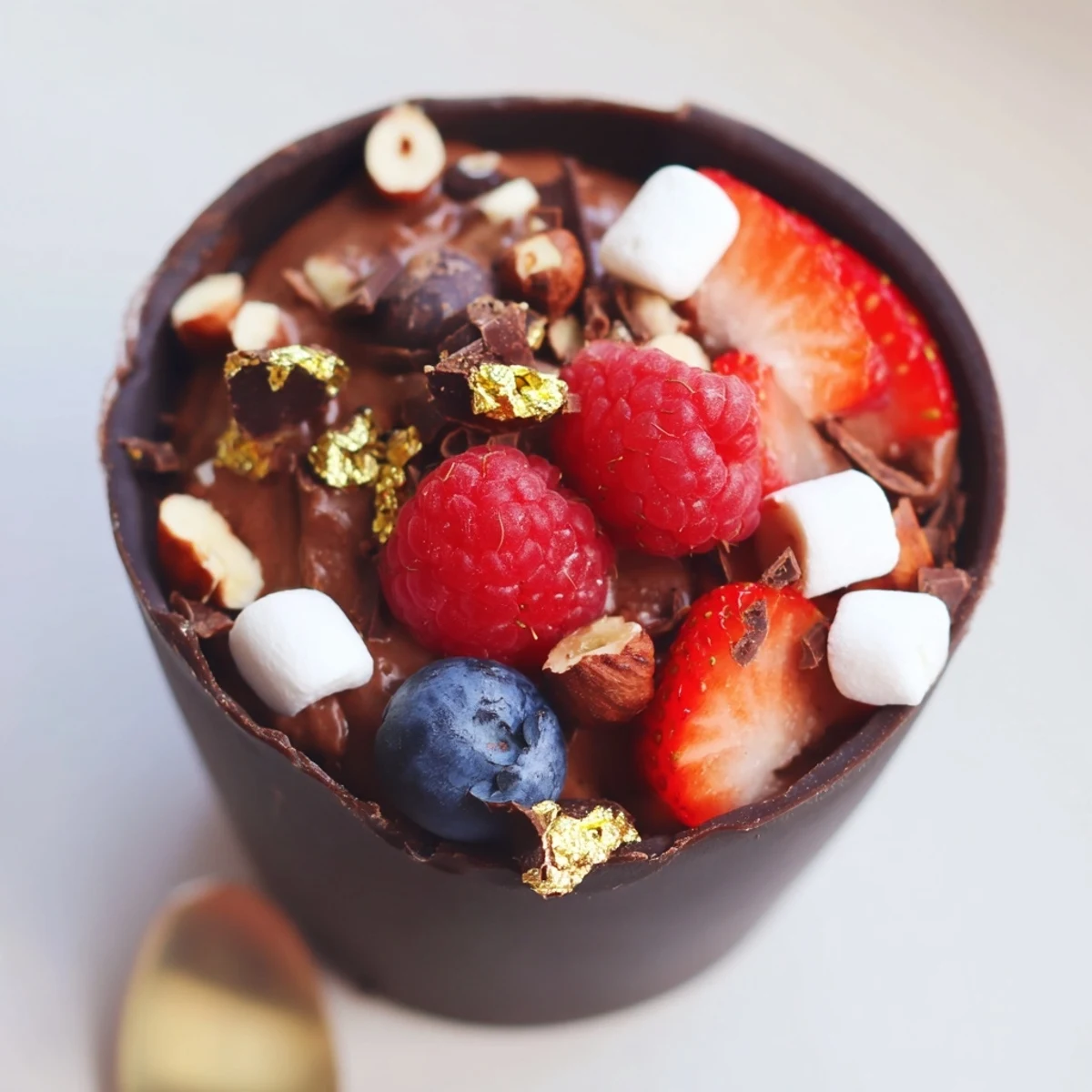 Chocolate grazing cups filled with silky mousse and topped with fresh berries and nuts