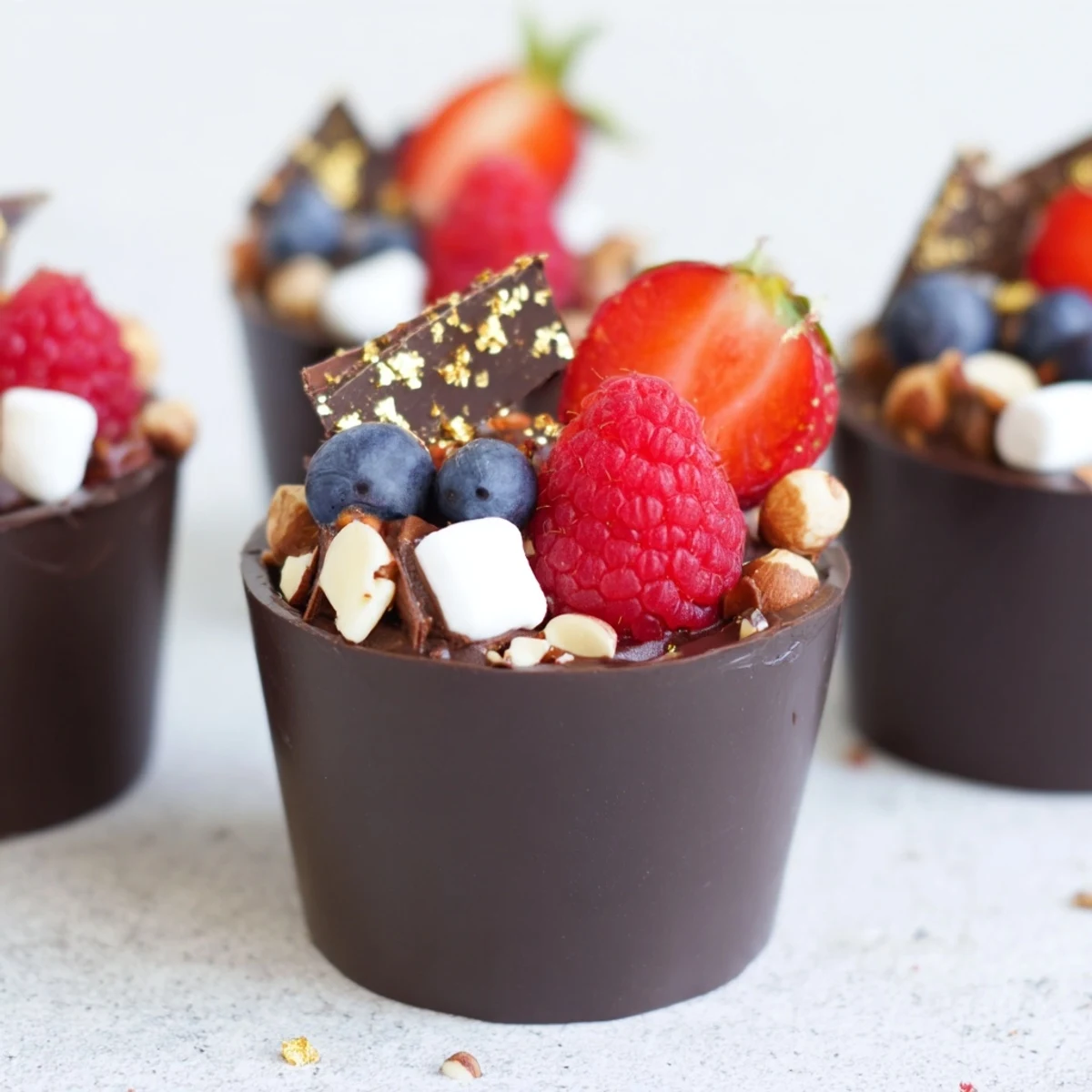 Elegant chocolate grazing cups featuring glossy mousse, jewel toned berries, and crunchy chocolate shavings