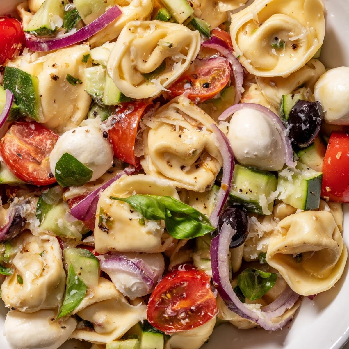 Creamy cheese tortellini salad loaded with crisp vegetables and drizzled with herb dressing
