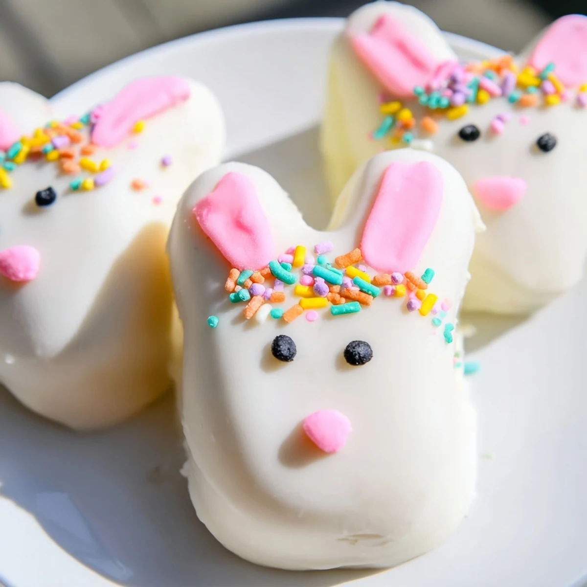 Adorable white chocolate bunny cakesicles with candy eyes and pink ears on a decorative serving tray