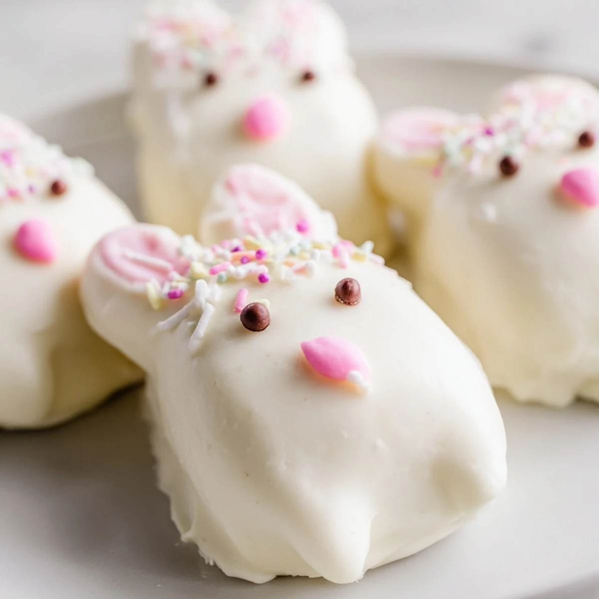 Creamy white chocolate bunny cakesicles decorated with sprinkles and fondant details for Easter