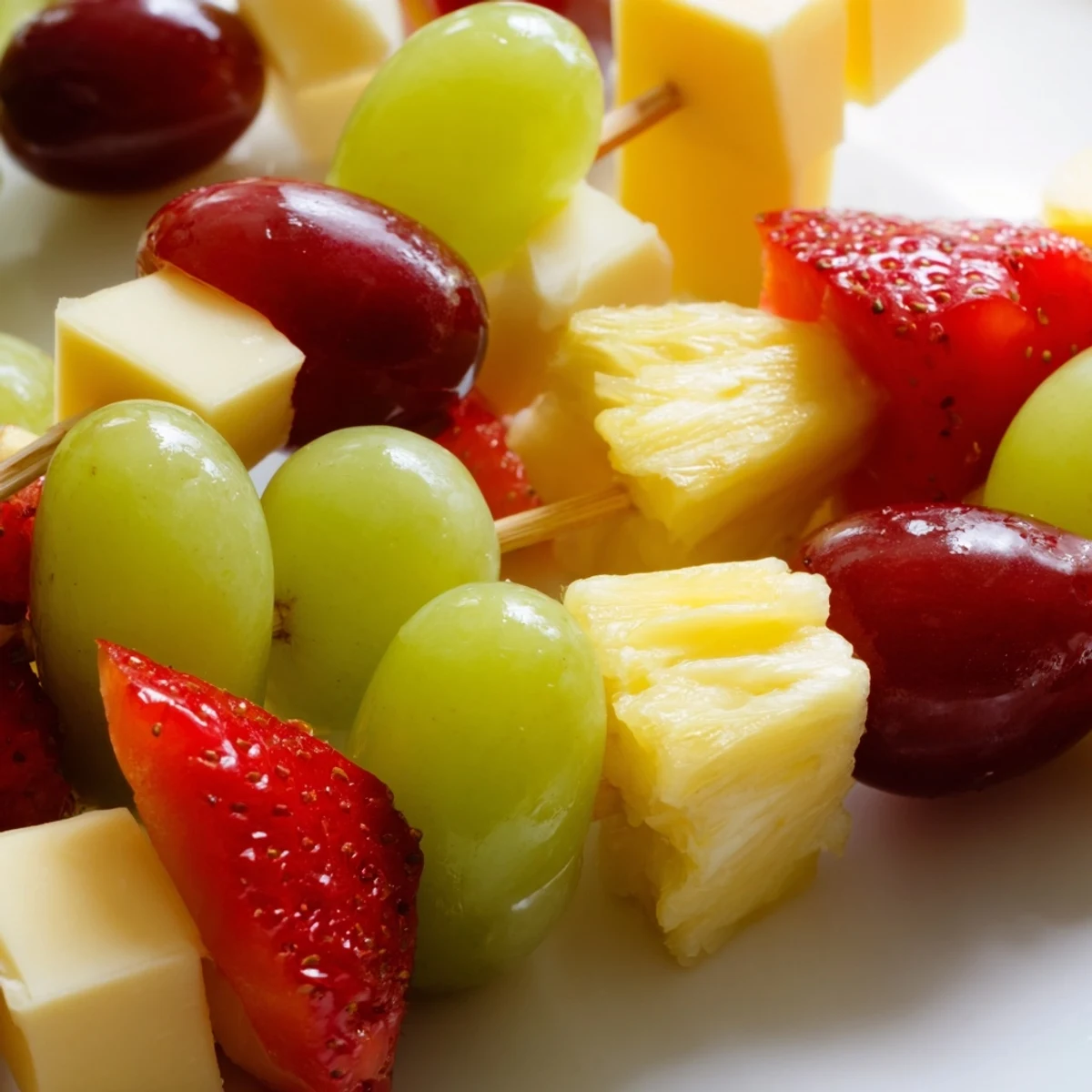 Colorful fruit and cheese kabobs arranged on a platter with grapes strawberries pineapple and cubed cheddar