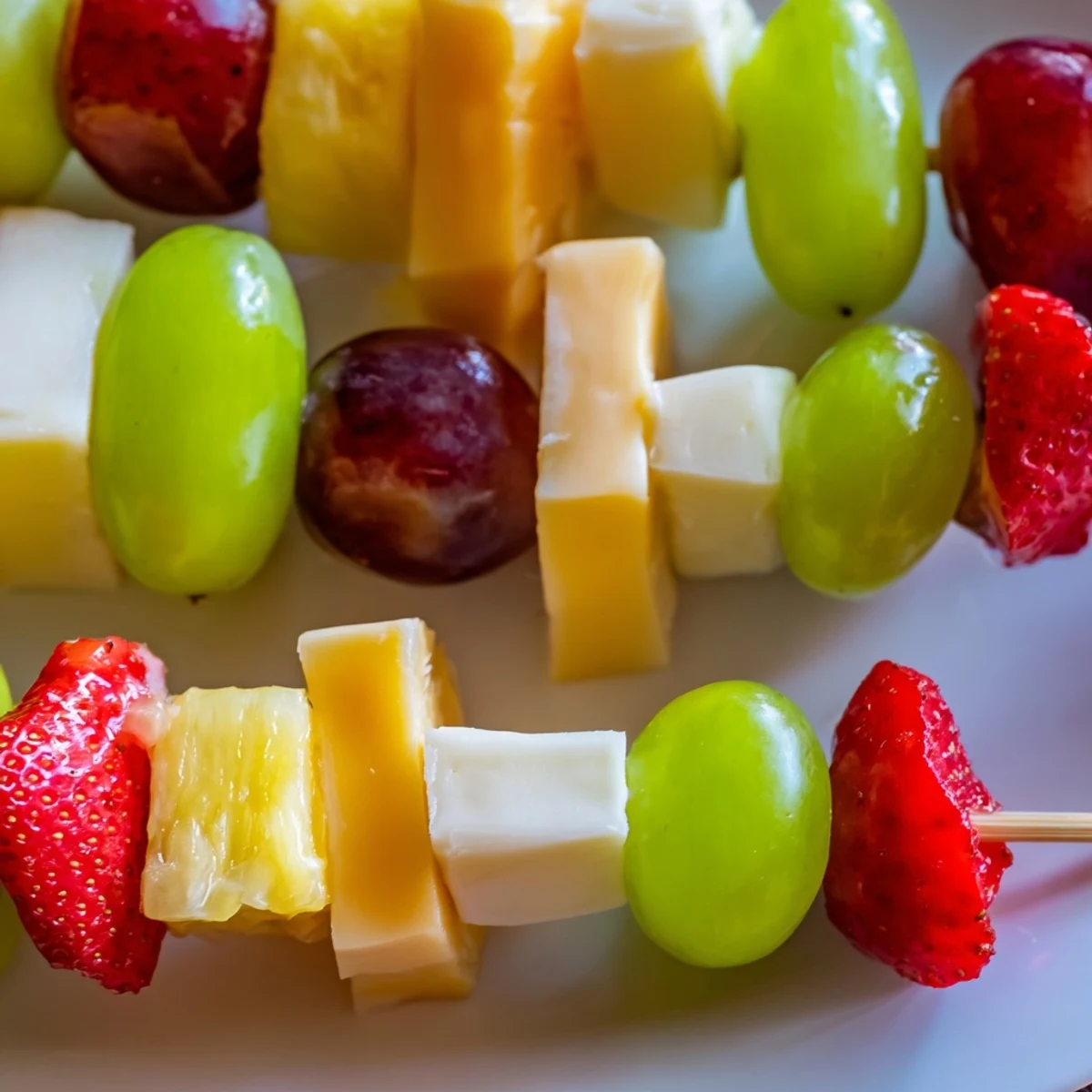 Fresh fruit and cheese kabobs featuring alternating red grapes pineapple chunks and creamy Monterey Jack squares