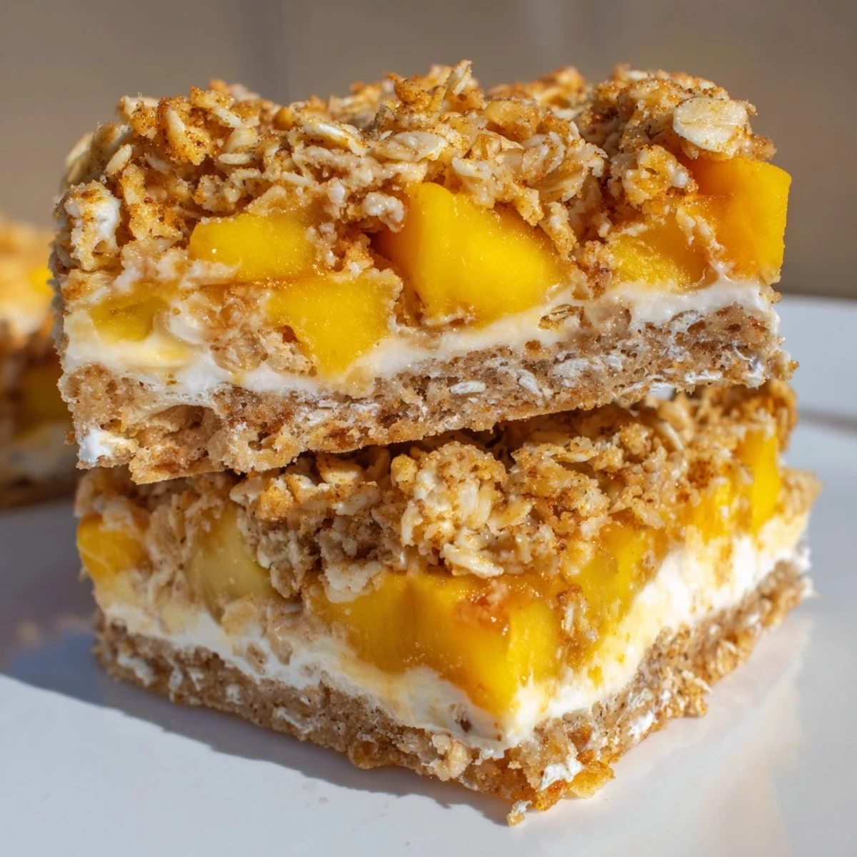 Golden buttery Peaches And Cream Crumble Bars with juicy fresh peach filling and creamy center