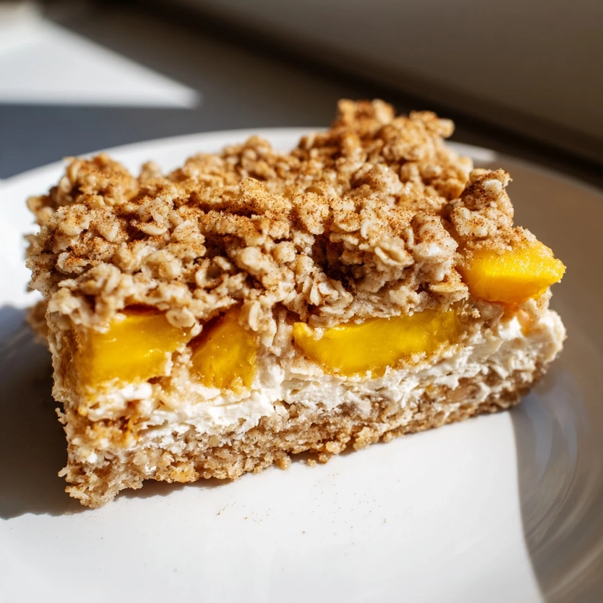 Chilled Peaches And Cream Crumble Bars sliced into squares revealing luscious cream cheese and fruit layers
