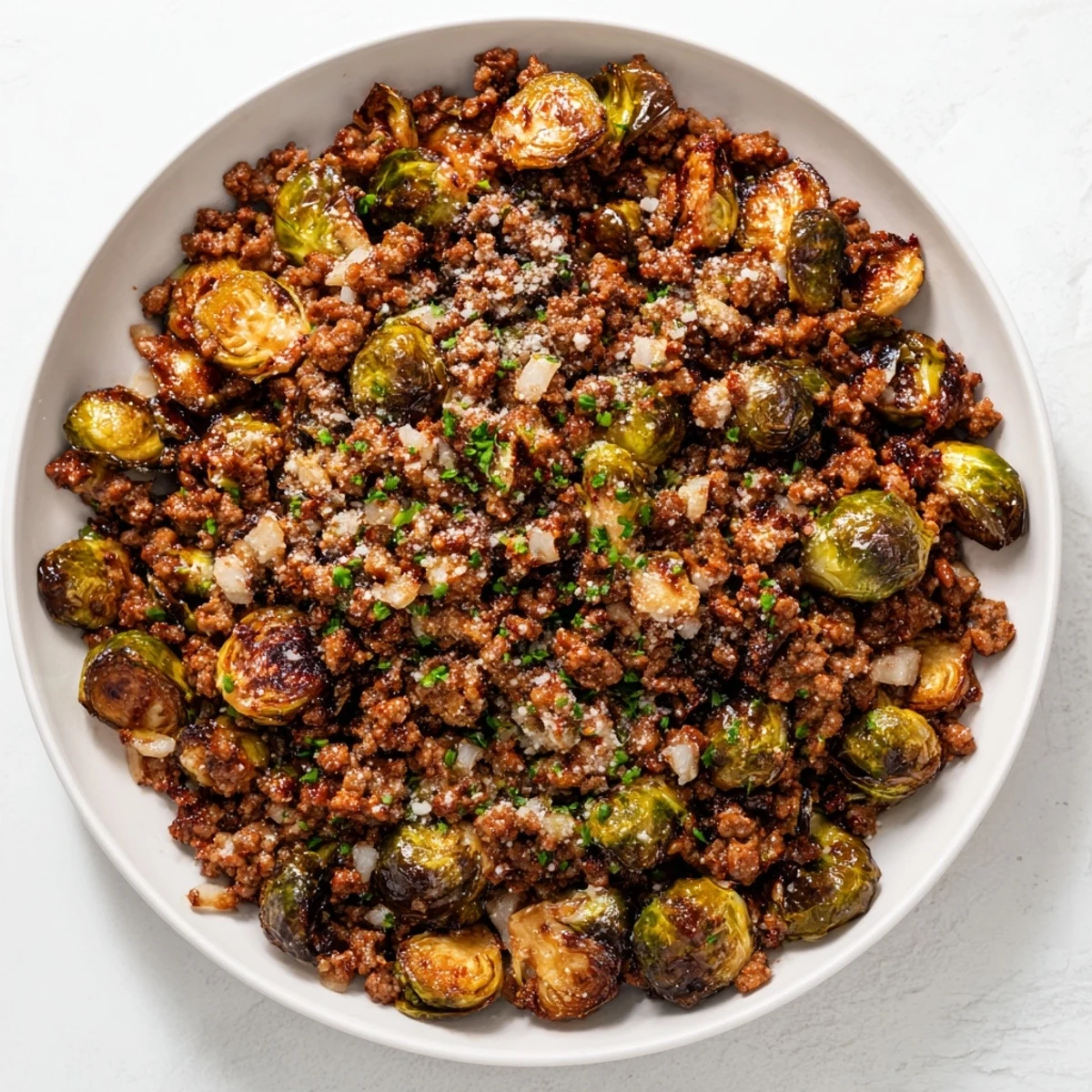 Golden ground beef and Brussels sprouts skillet garnished with fresh parsley and Parmesan cheese