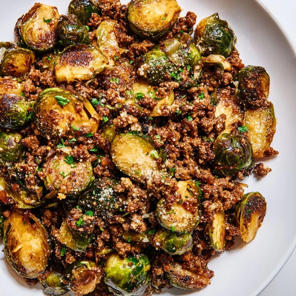 Caramelized Brussels sprouts with savory ground beef in a cast iron skillet dinner