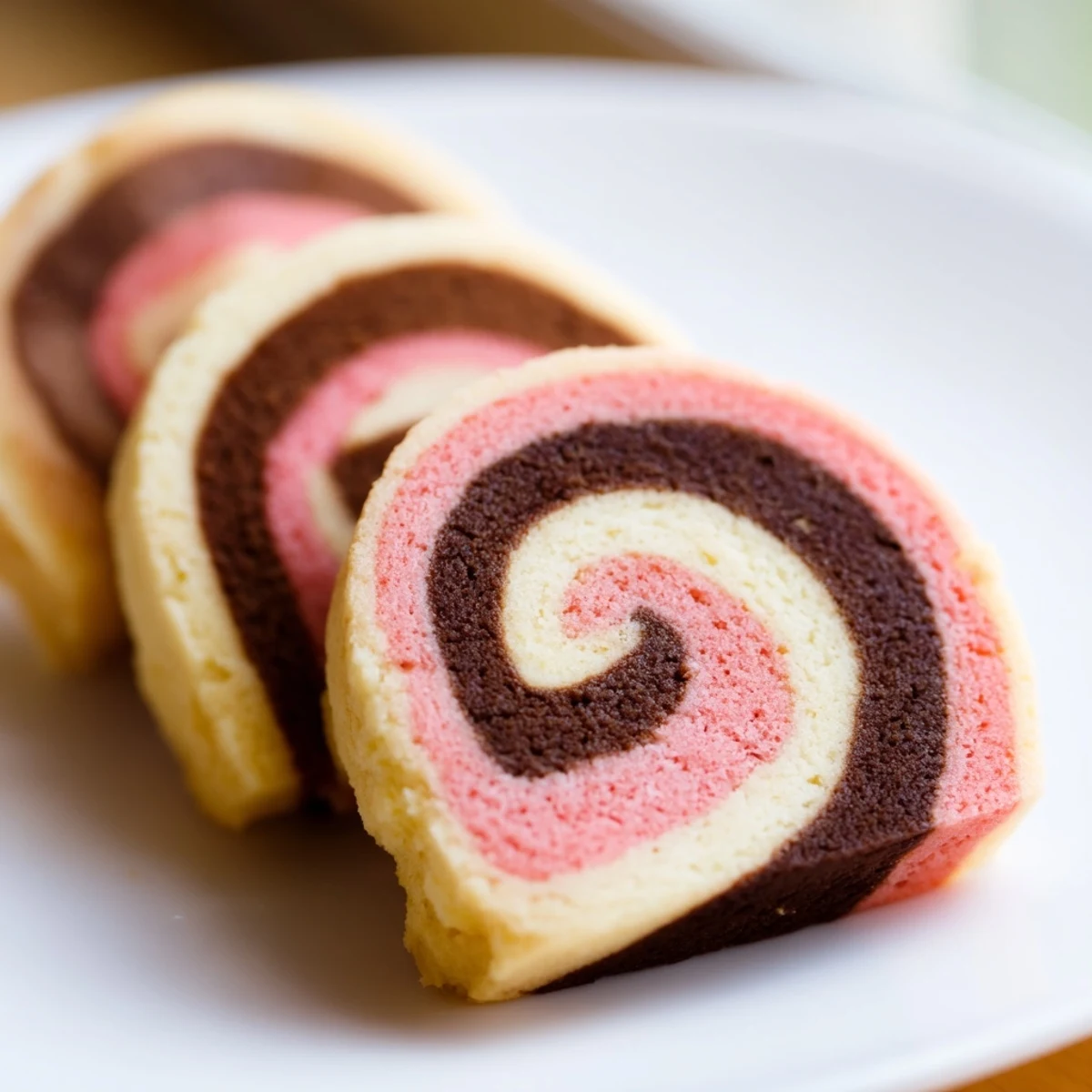Colorful Neapolitan Swirl Cookies showing chocolate, vanilla, and strawberry spirals on a rustic wooden board