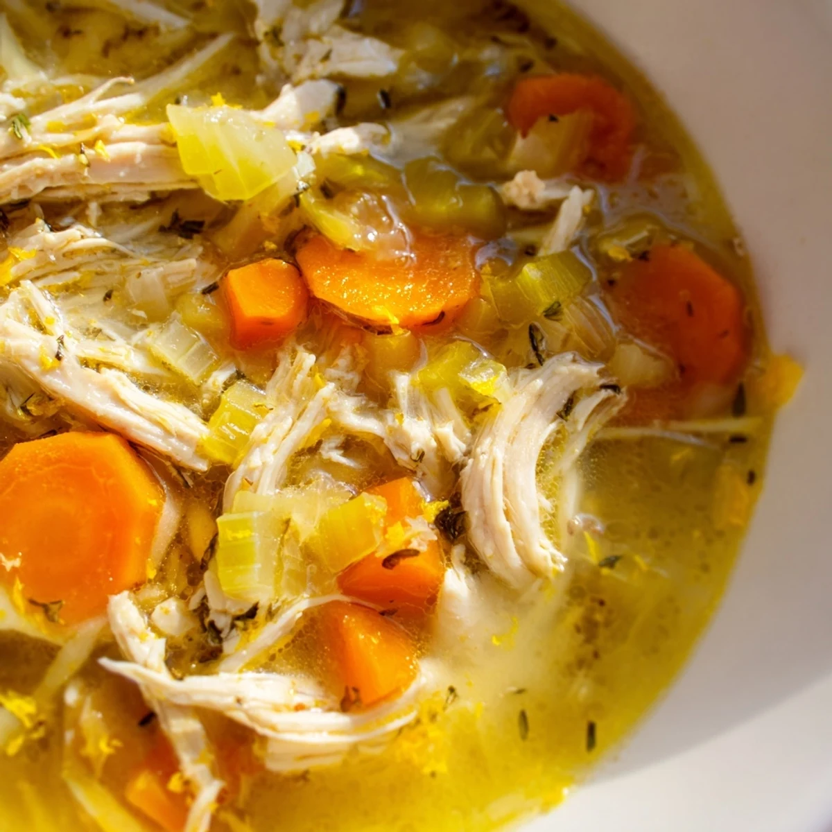 Steaming bowl of Crockpot Lemon Chicken Soup with tender shredded chicken and bright herbs