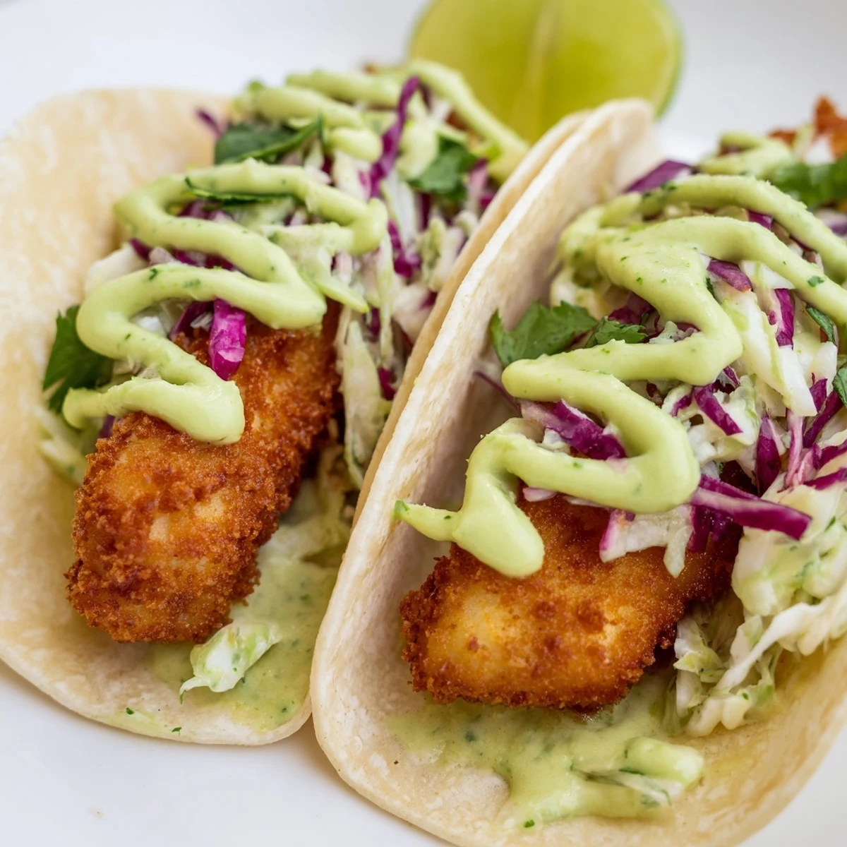Golden crispy Baja fish tacos topped with fresh cabbage slaw and creamy avocado crema.
