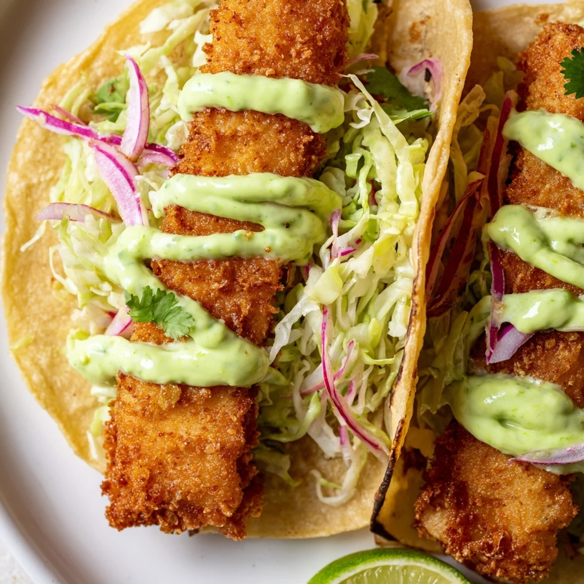 Crispy fried fish in warm corn tortillas drizzled with rich green avocado crema sauce.