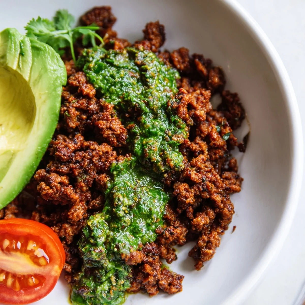 Chimichurri ground beef bowls with bright green herb sauce drizzled over fluffy white rice