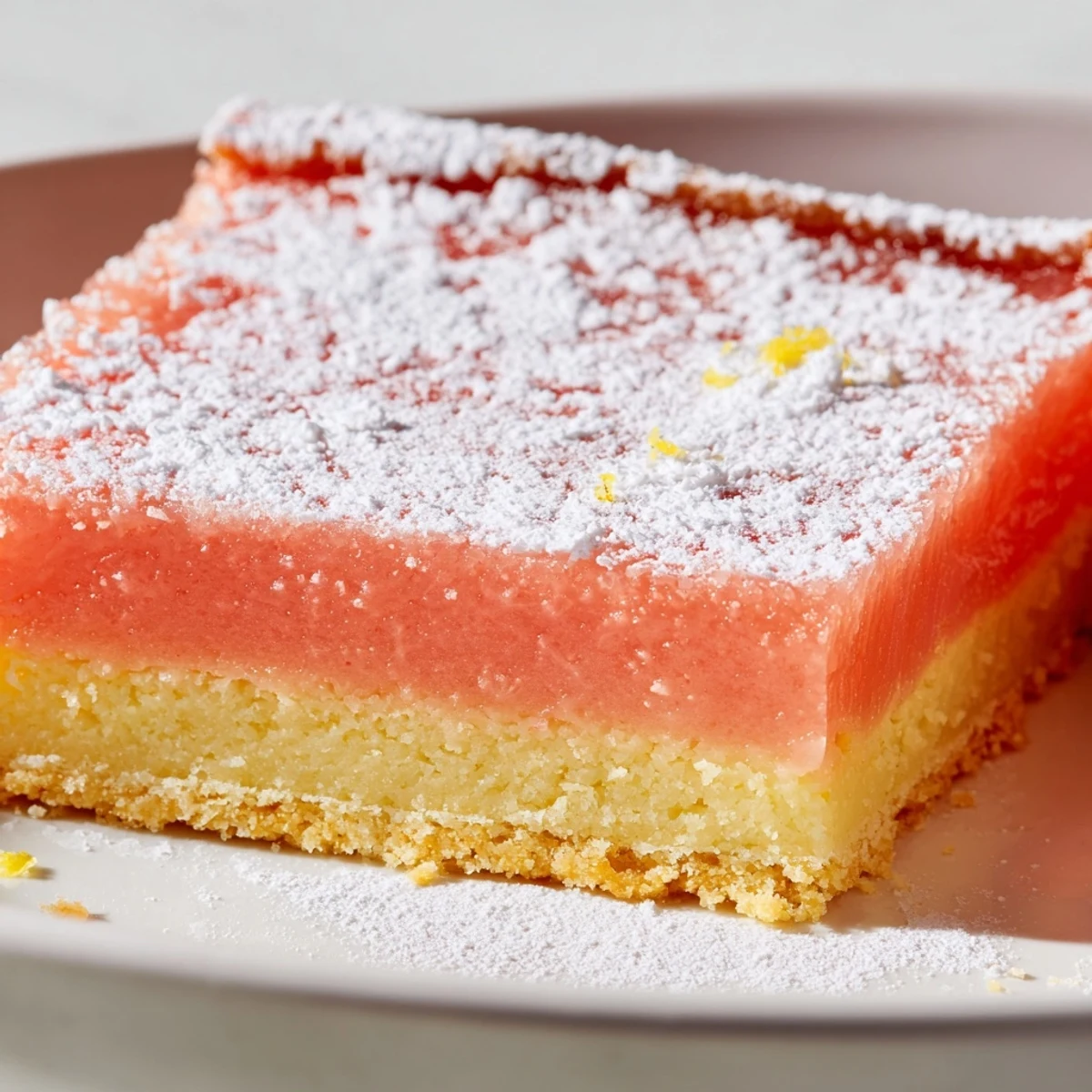 Bright pink grapefruit bars sliced into neat squares on a rustic parchment-lined baking pan