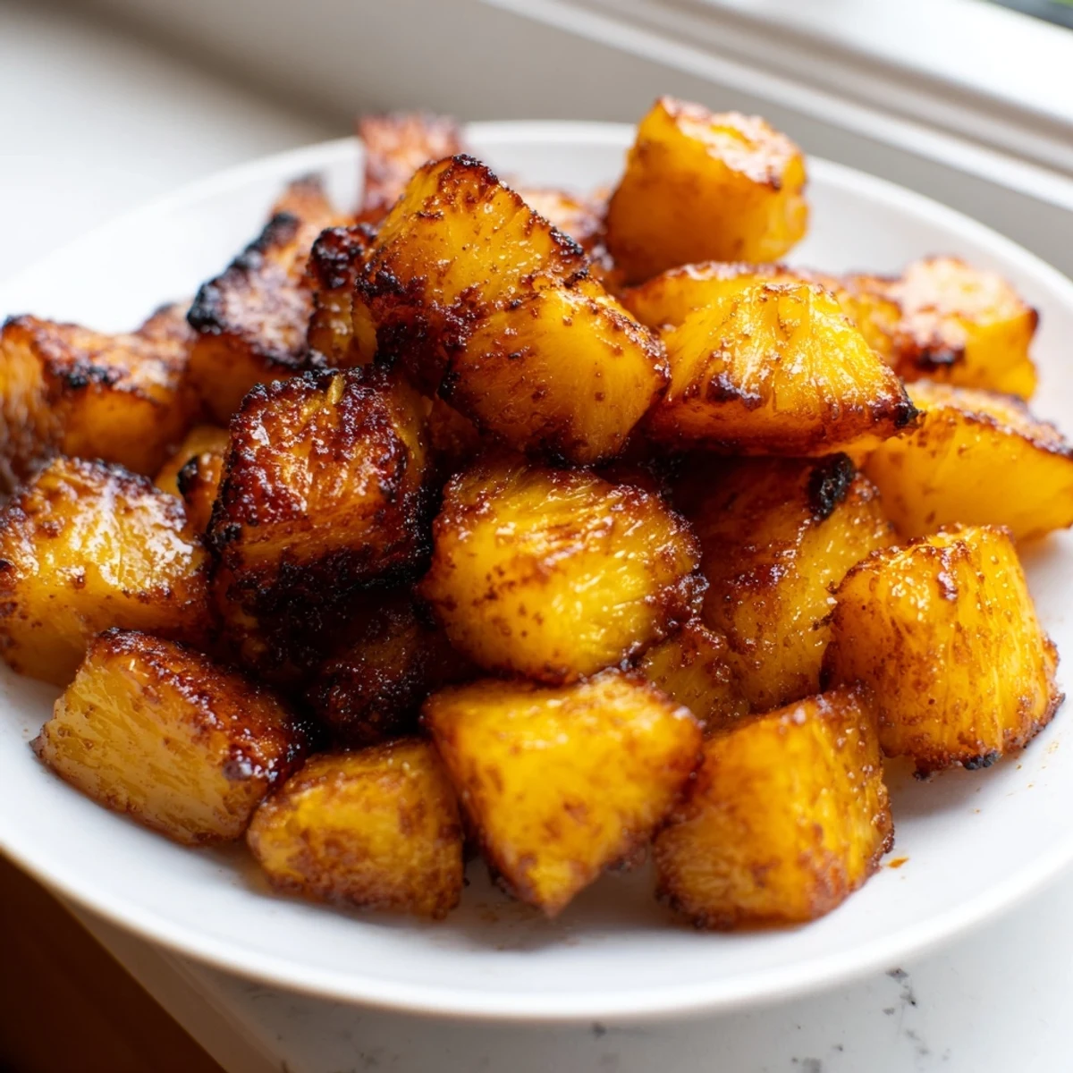 Golden caramelized air fryer pineapple chunks with crispy edges on a white plate