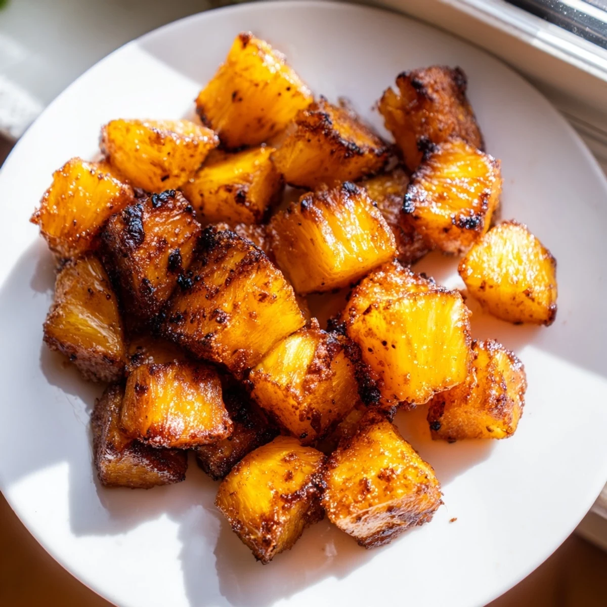 Juicy air fryer pineapple chunks glistening with brown sugar glaze on a platter