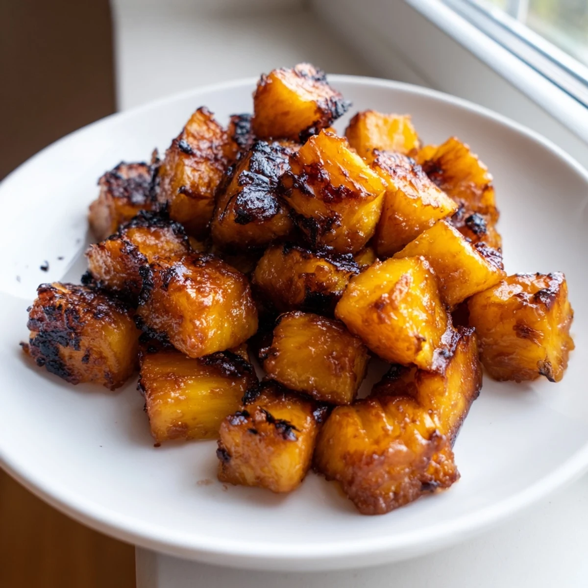 Sweet air fryer pineapple chunks dusted with cinnamon served warm in a bowl