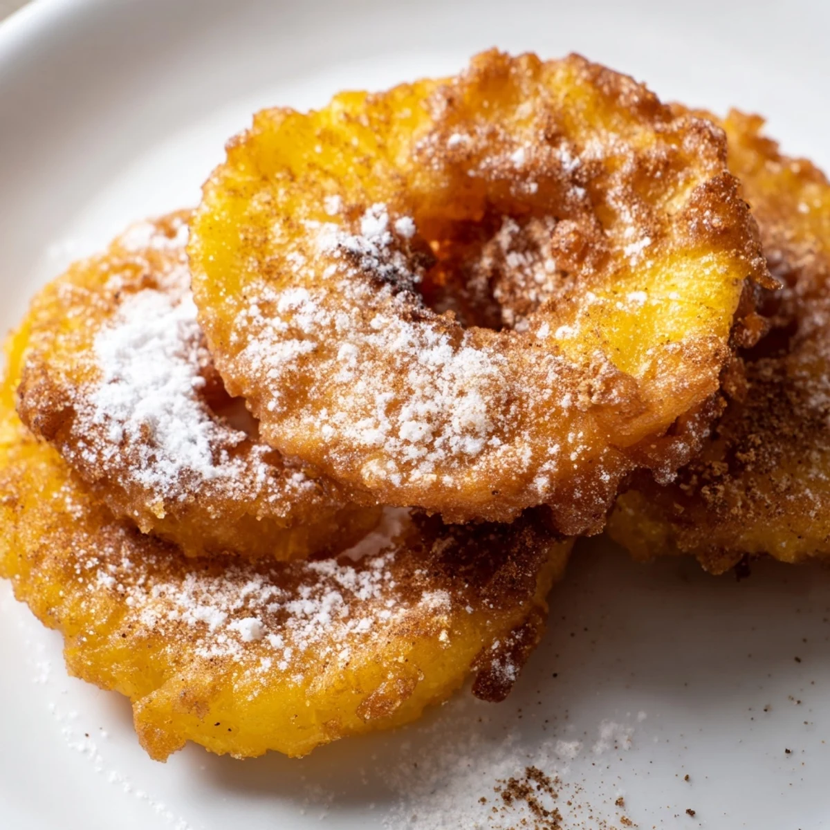 Crispy golden fried pineapple rings dusted with powdered sugar on a white plate