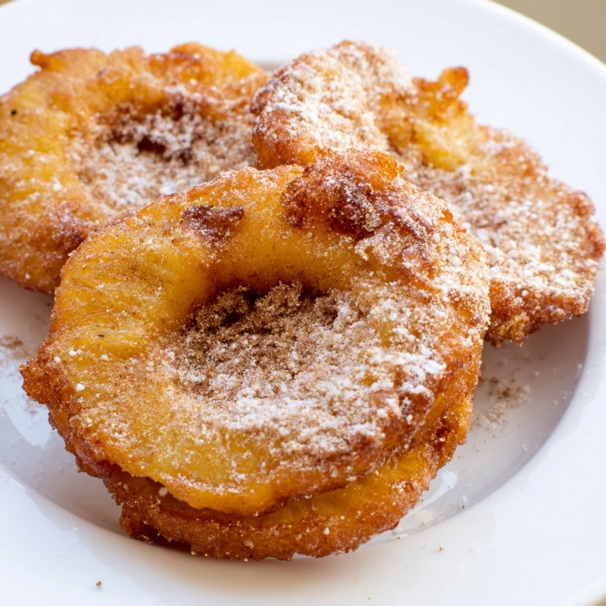 Batter-coated fried pineapple rings caramelized to a deep golden brown served warm