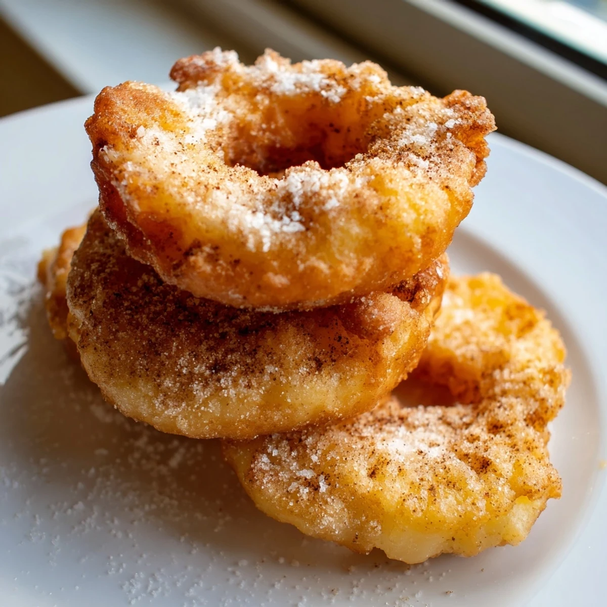 Fried pineapple rings drizzled with caramel sauce served alongside vanilla ice cream