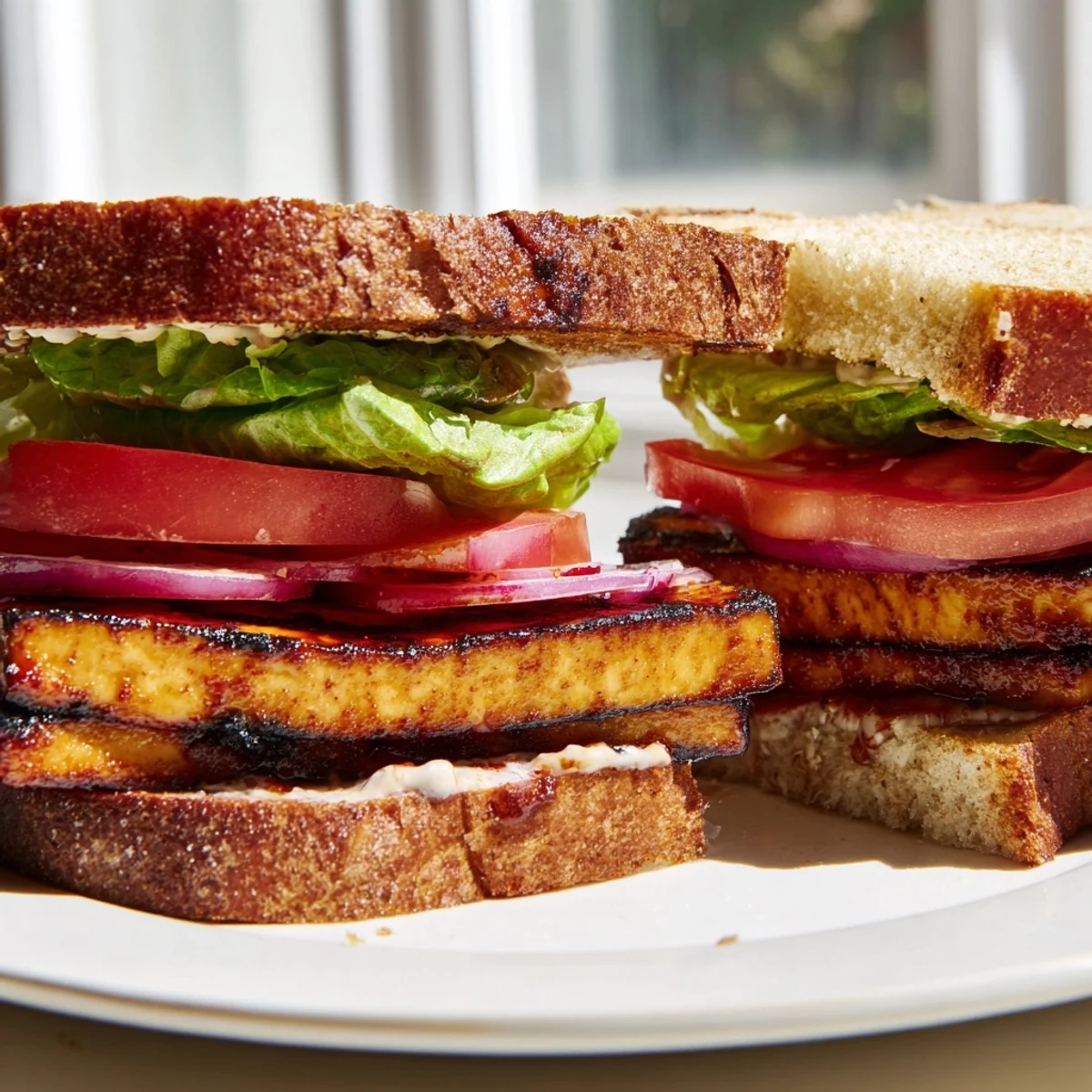 Smoky Tofu Lettuce Tomato TLT Sandwich stacked high with juicy red tomatoes