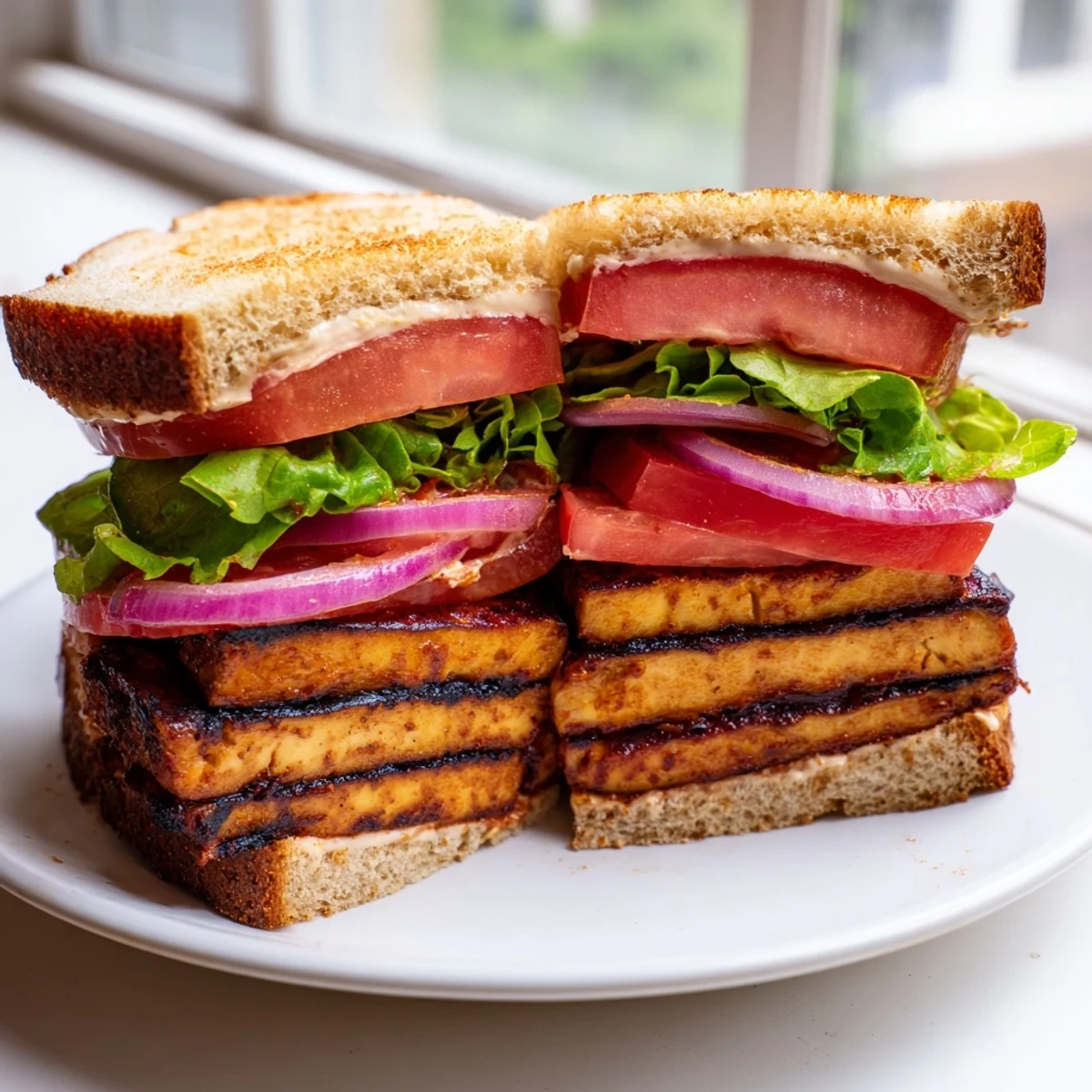 Golden smoky tofu slices layered in a crisp TLT Sandwich on sourdough