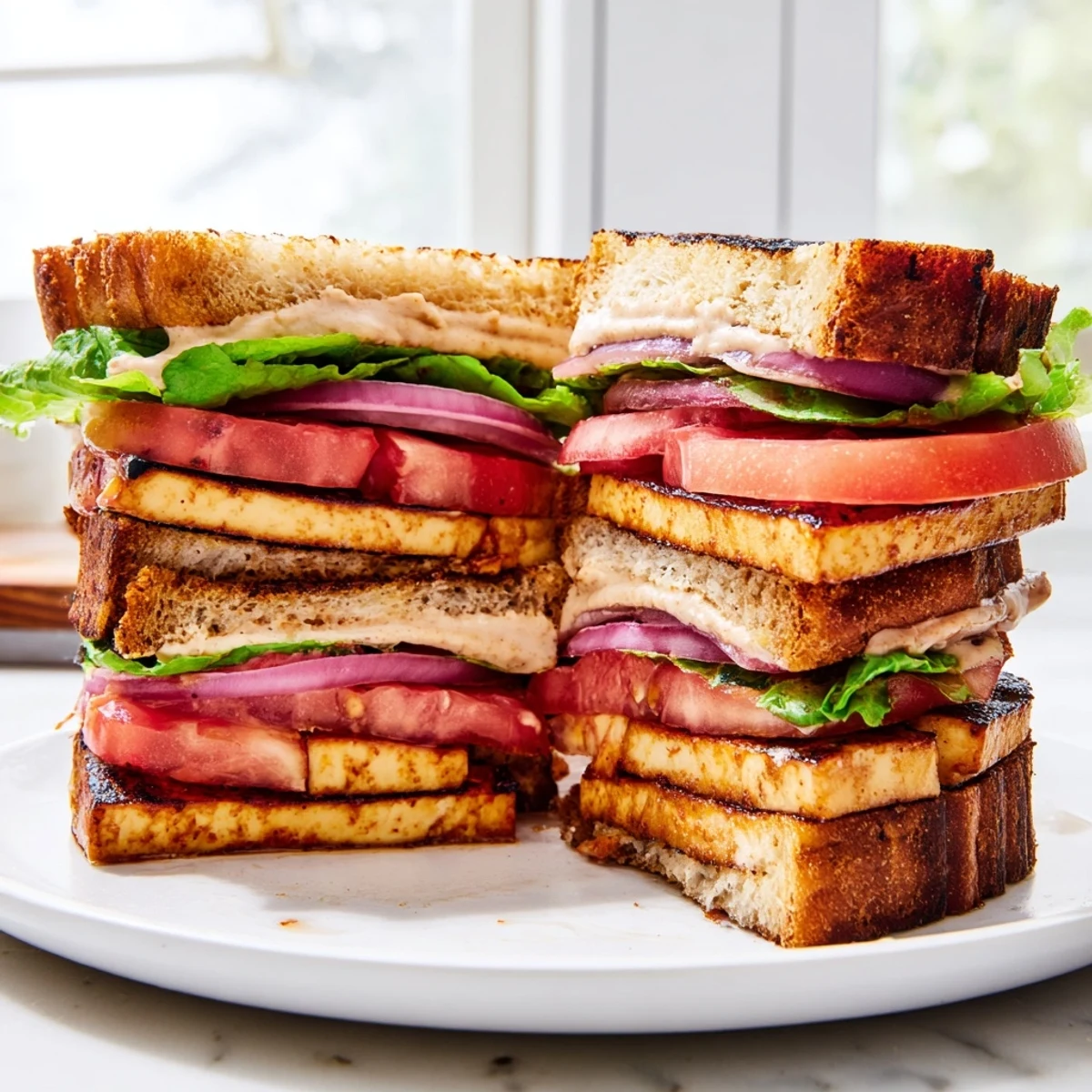Toasted TLT Sandwich filled with marinated tofu, fresh lettuce, and ripe tomatoes
