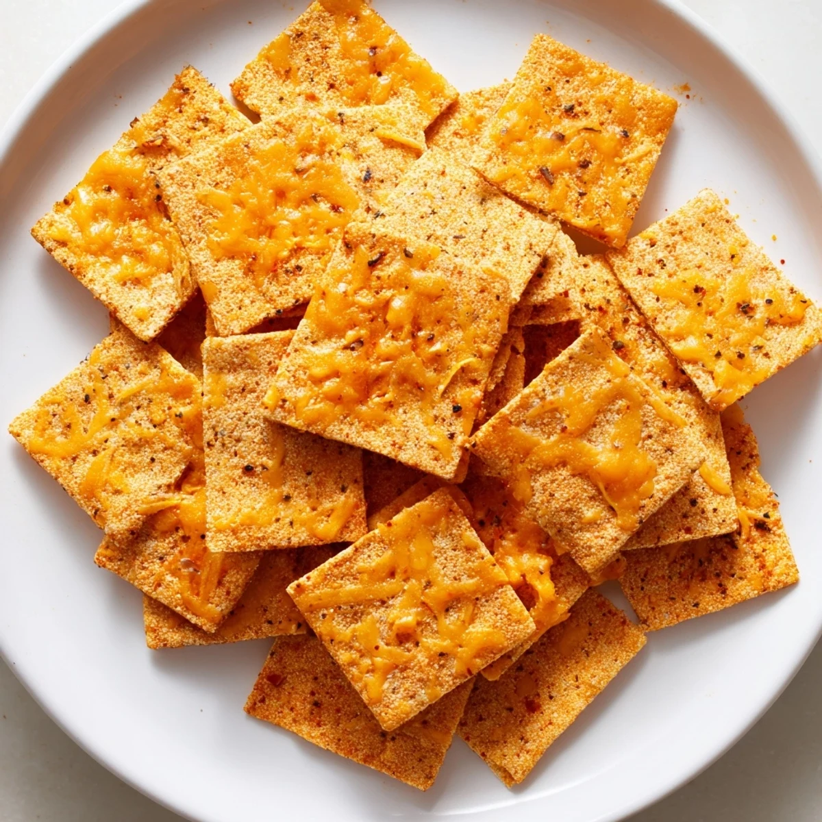 Golden taco crackers with melted cheddar and oregano on a parchment-lined baking sheet