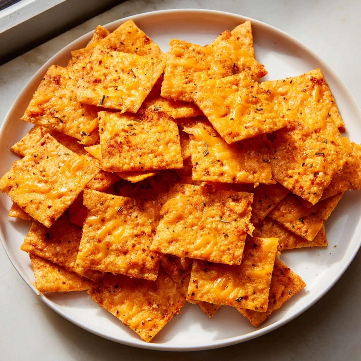 Crunchy taco crackers arranged on a rustic platter beside fresh salsa and guacamole