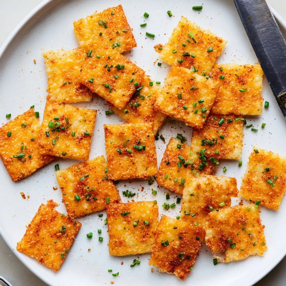 Gorgeously golden sharp cheddar and chive crackers piled on a rustic board