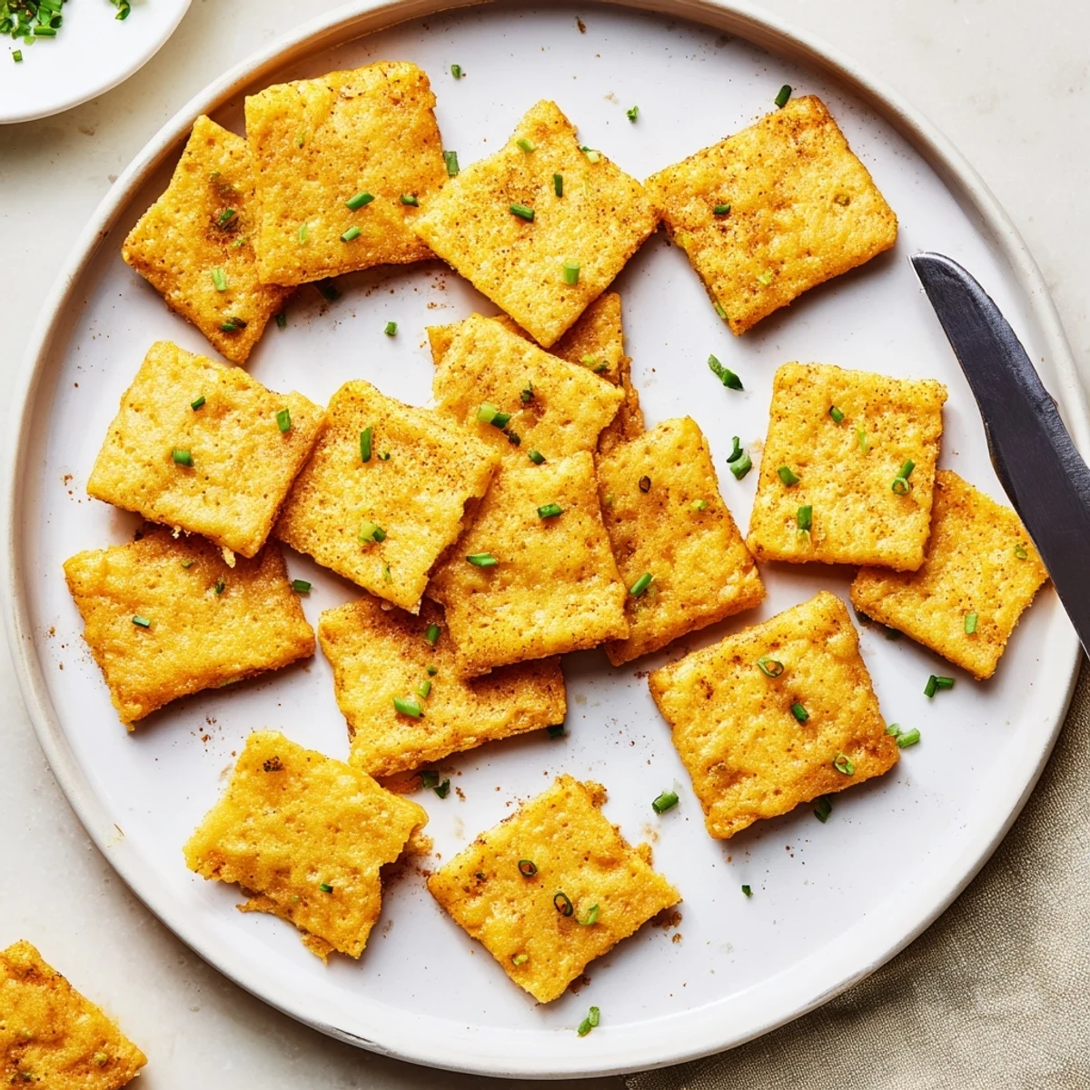 Ultra-crispy cheddar herb snack bites served warm alongside a party platter