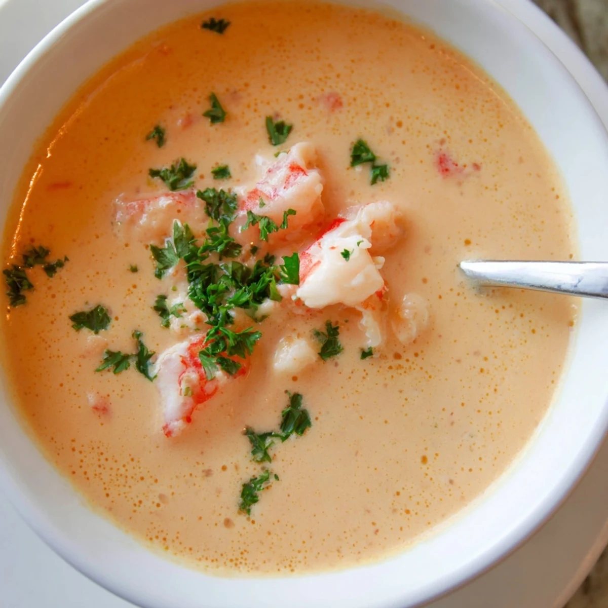 A steaming bowl of creamy crab and shrimp bisque garnished with fresh parsley