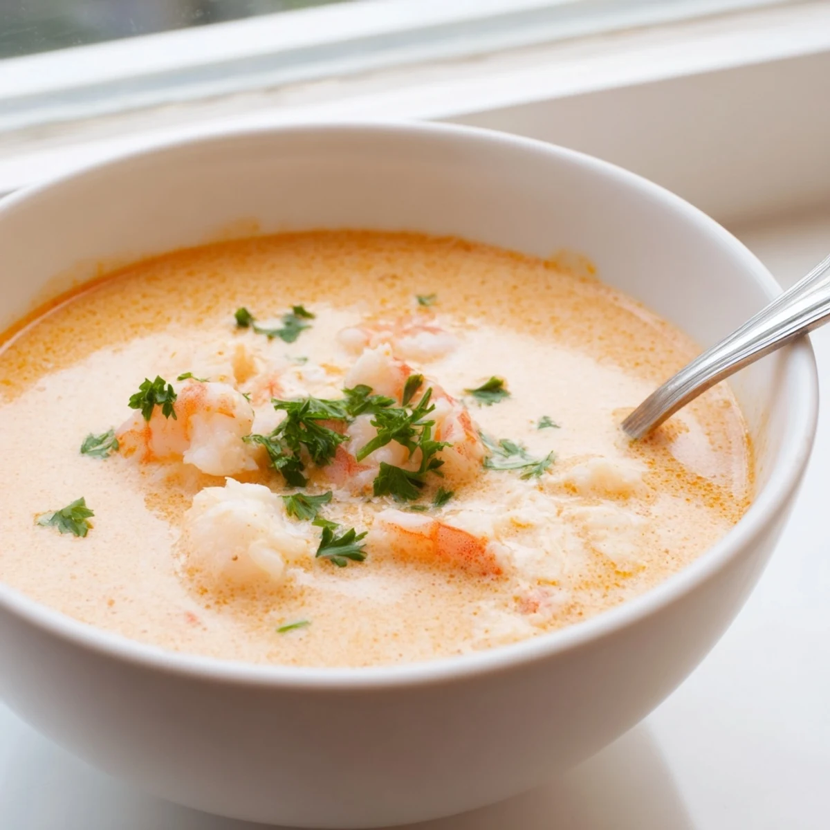 Golden creamy crab and shrimp bisque swirled with cream and pink shrimp pieces