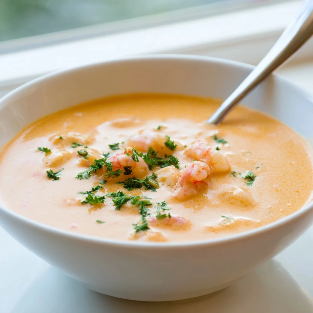 Velvety crab and shrimp bisque ladled into a white bowl with lemon wedge