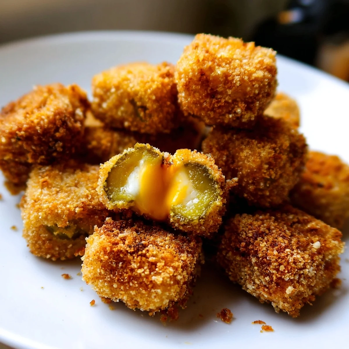 Golden crispy pickle cheese bites served warm with ranch dipping sauce