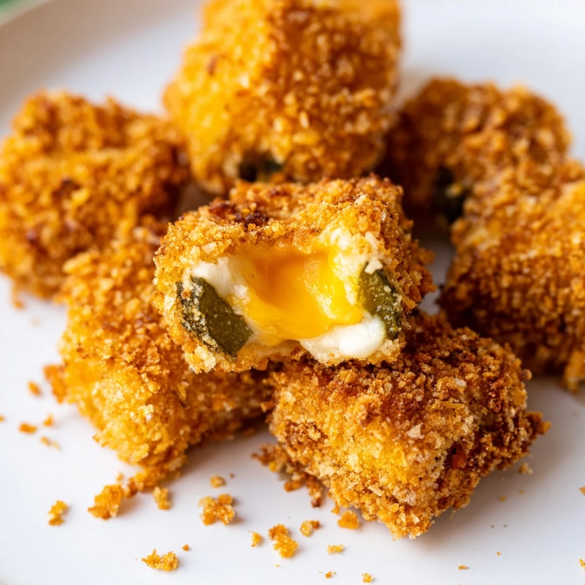 Crispy pickle cheese bites arranged on a plate with toothpicks for party snacking