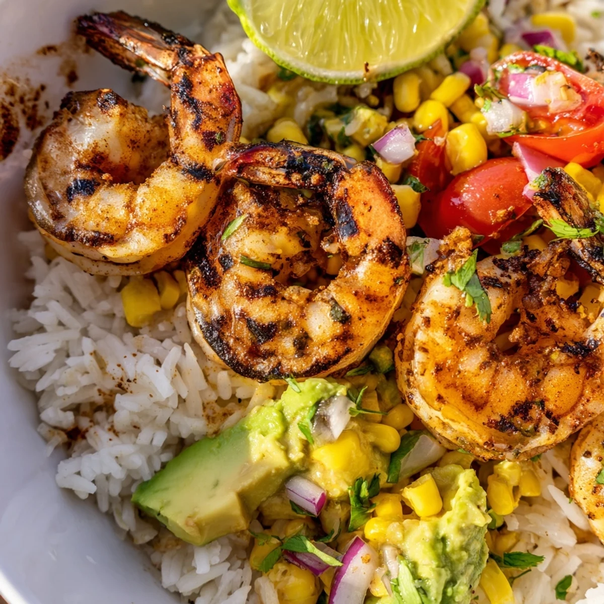Charred grilled shrimp bowl with avocado corn salsa over fluffy white rice