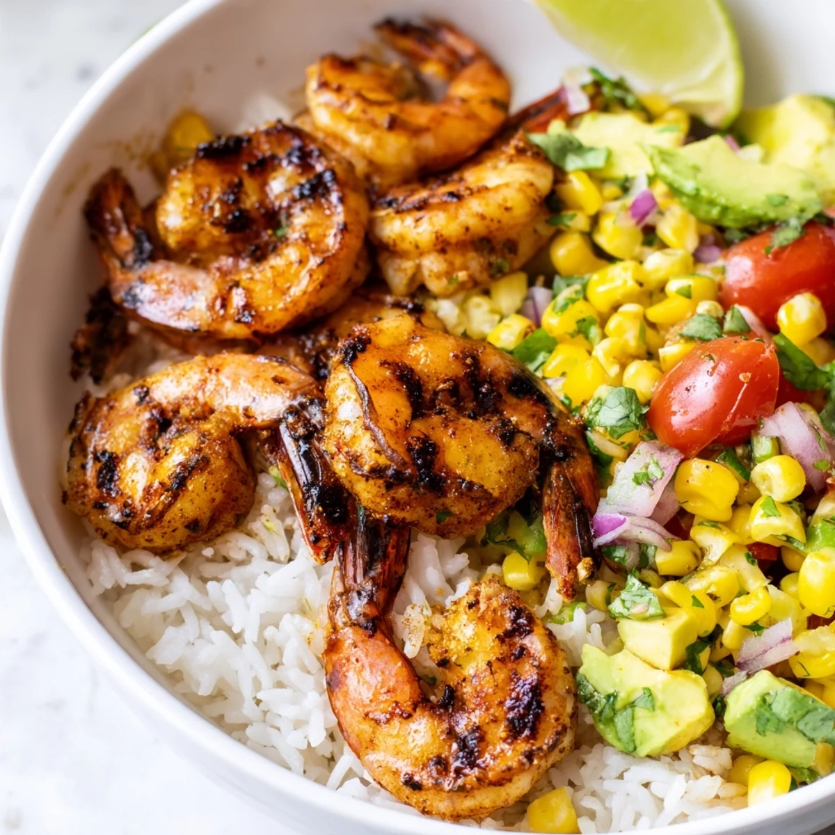 Juicy grilled shrimp bowl topped with bright avocado corn salsa and lime