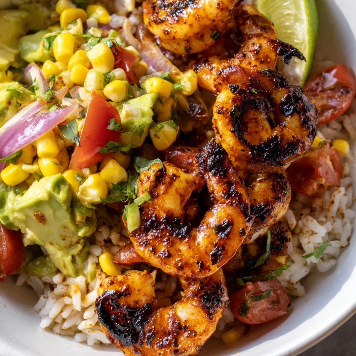 Smoky grilled shrimp bowl with creamy avocado corn salsa served in a bowl