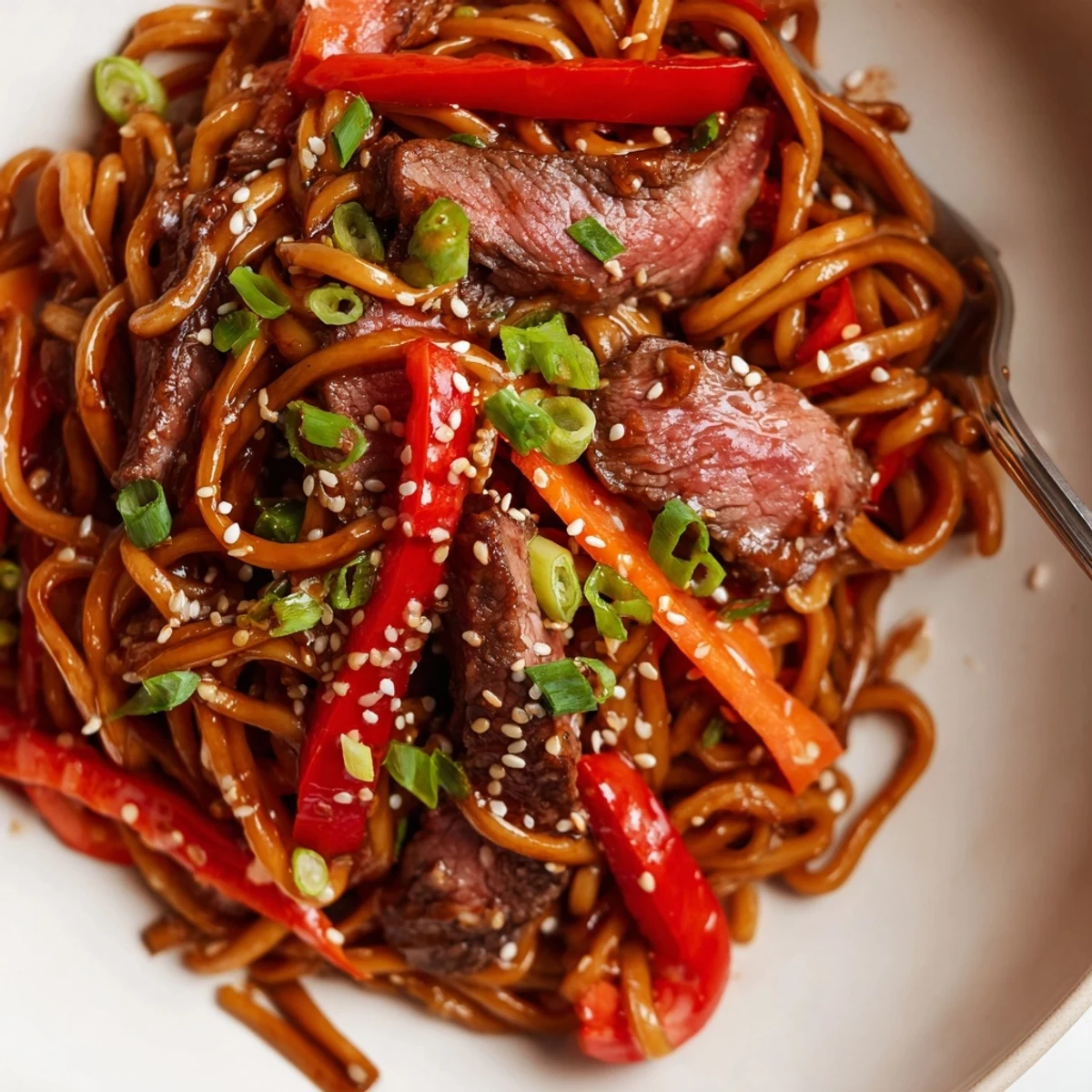 Sticky Beef Noodles glistening in hoisin sauce, tender beef and sesame garnish