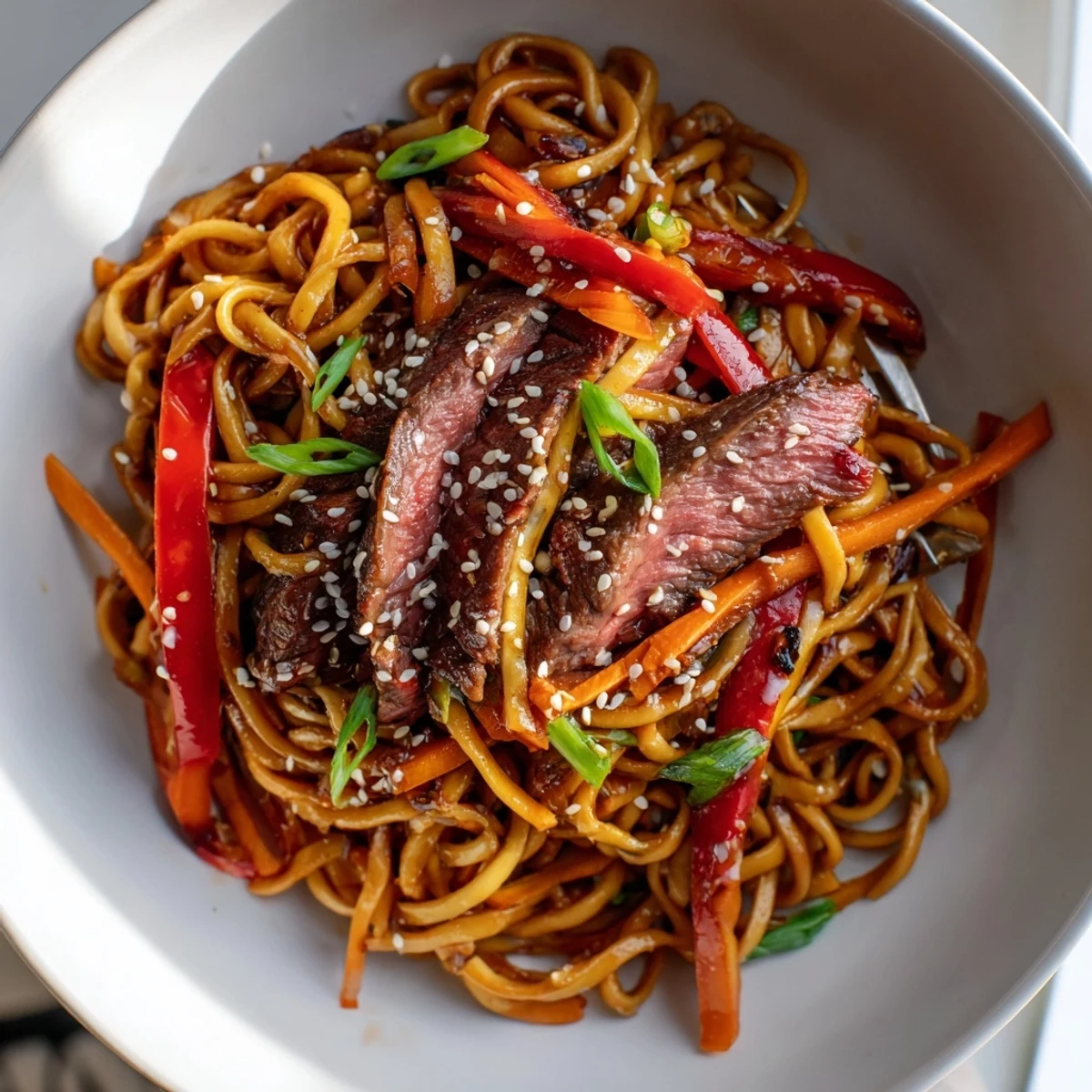 Bowl of Sticky Beef Noodles with glossy strands, crisp peppers, aromatic ginger