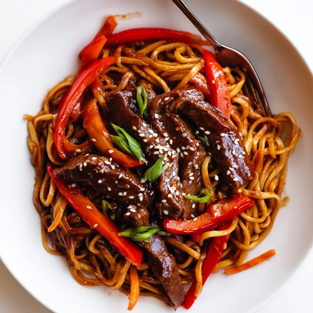 Wok-tossed Sticky Beef Noodles served piping hot, honeyed sauce and scallion crunch