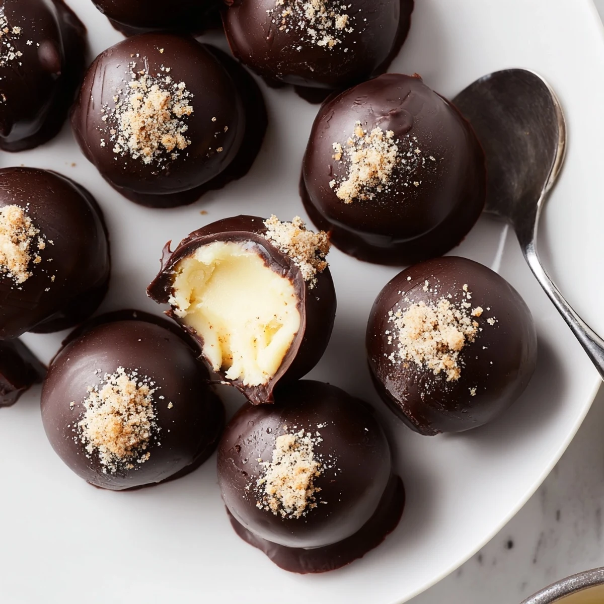 Dark Chocolate Eggnog Truffles with glossy shells, dusted nutmeg, creamy spiced centers