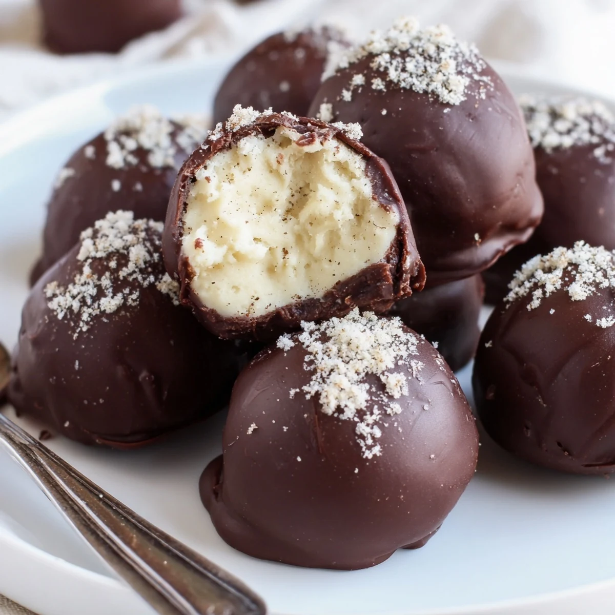 Plate of Dark Chocolate Eggnog Truffles beside coffee, velvety ganache and cinnamon aroma