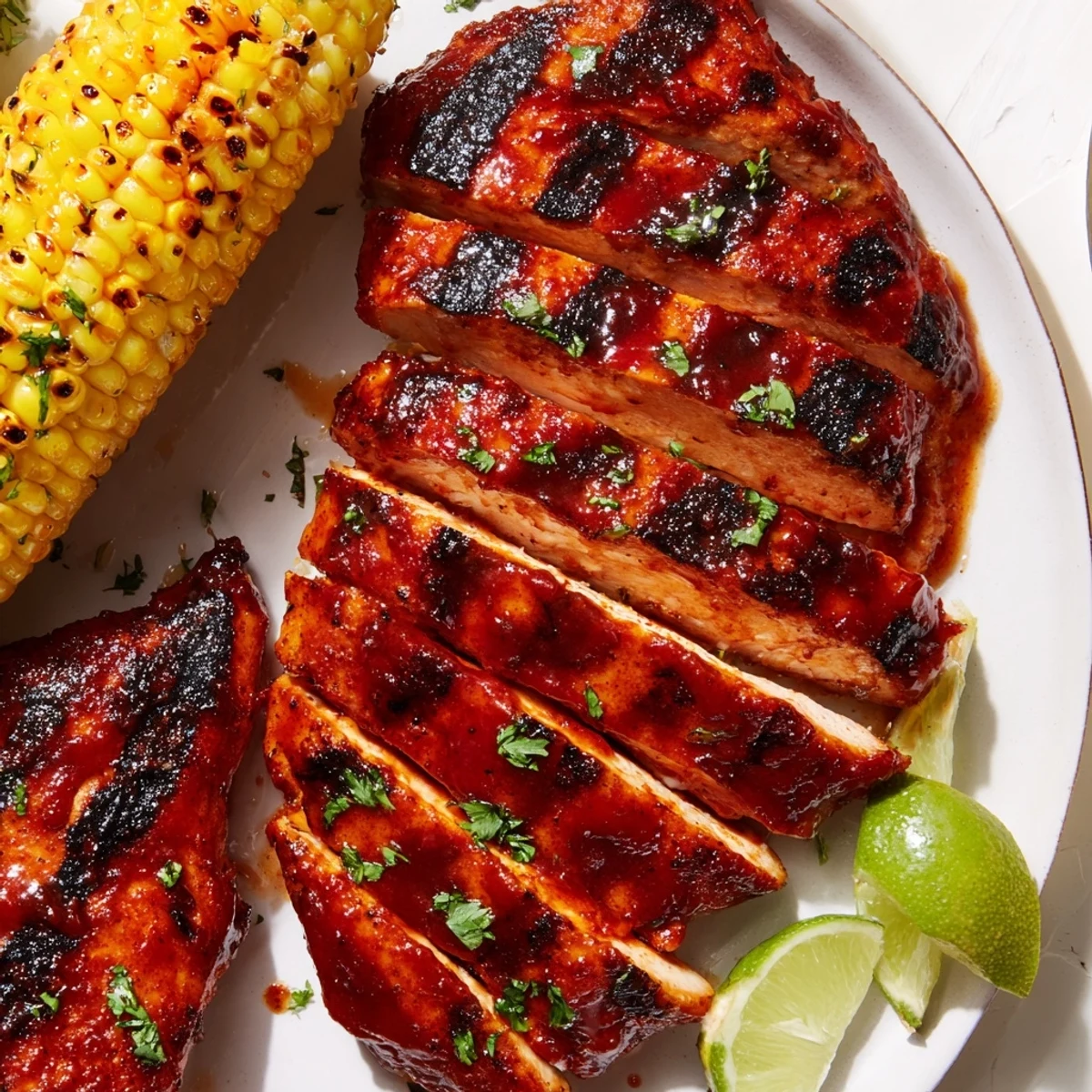Charred, sticky BBQ Chicken With Corn served hot with lime wedges.