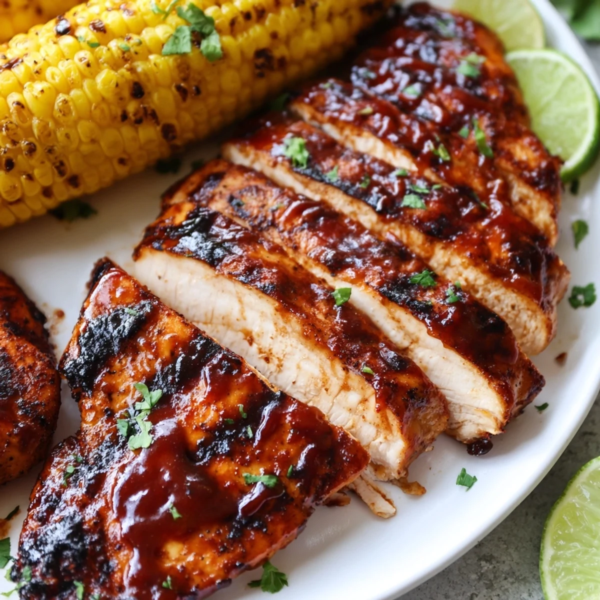 Smoky, juicy BBQ Chicken With Corn plated beside buttered grilled cobs.