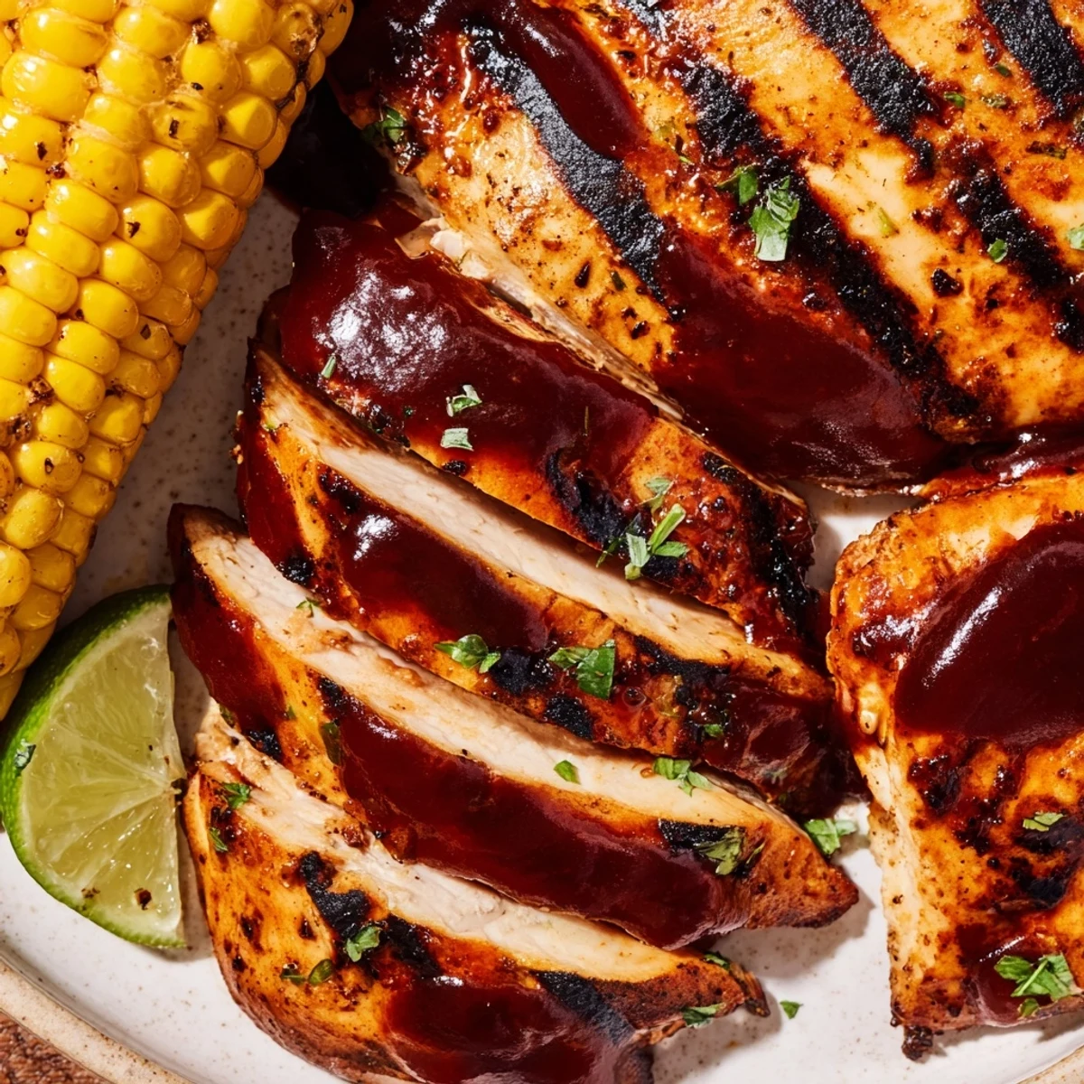 Fresh off the grill BBQ Chicken With Corn garnished with parsley, lime.