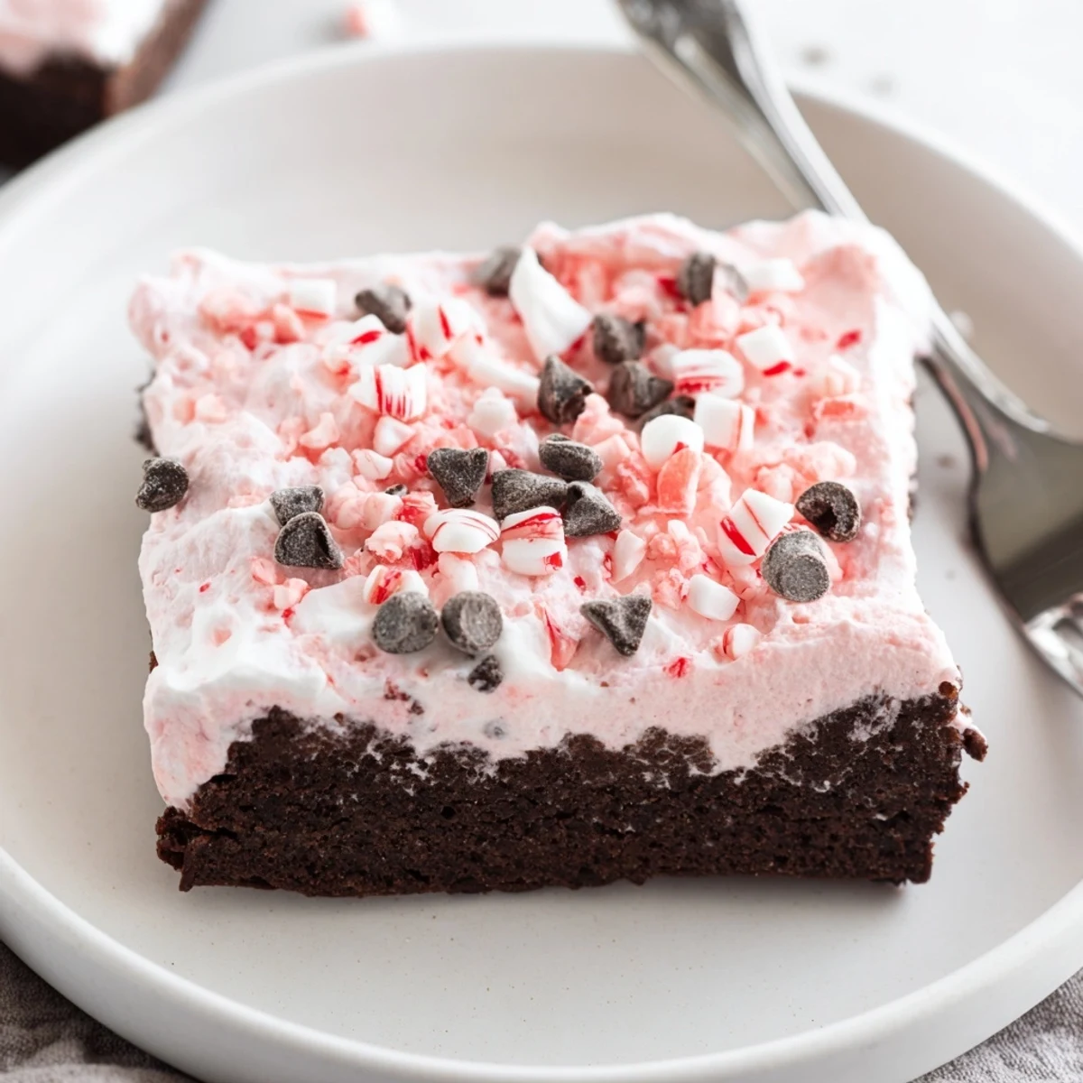 Peppermint Poke Cake with fluffy whipped topping and crunchy crushed candy