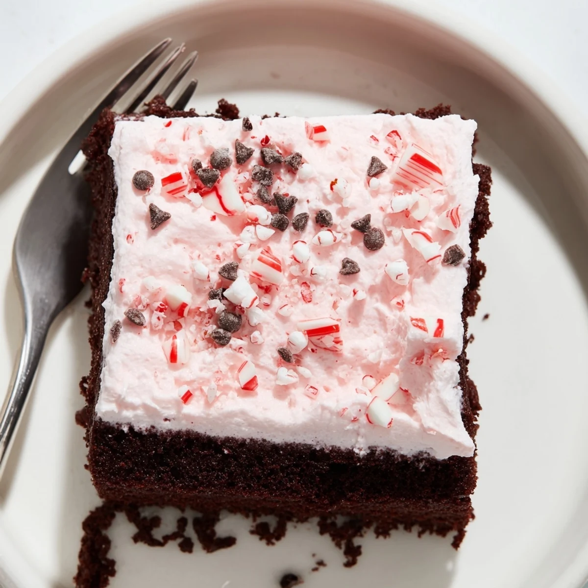 Sliced Peppermint Poke Cake chilled, minty pudding seeping into moist chocolate