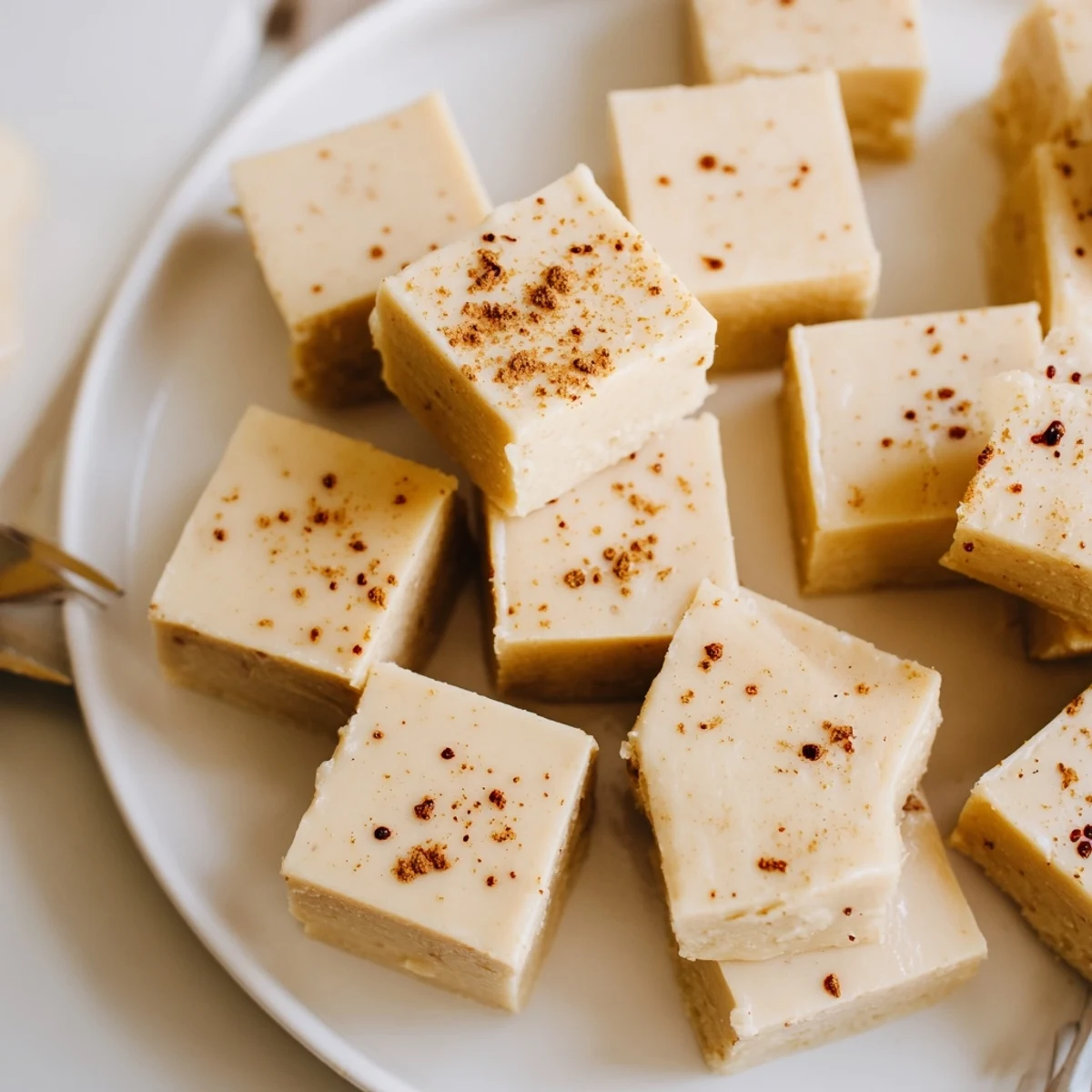 Creamy Eggnog Fudge squares dusted with nutmeg on parchment, holiday treat