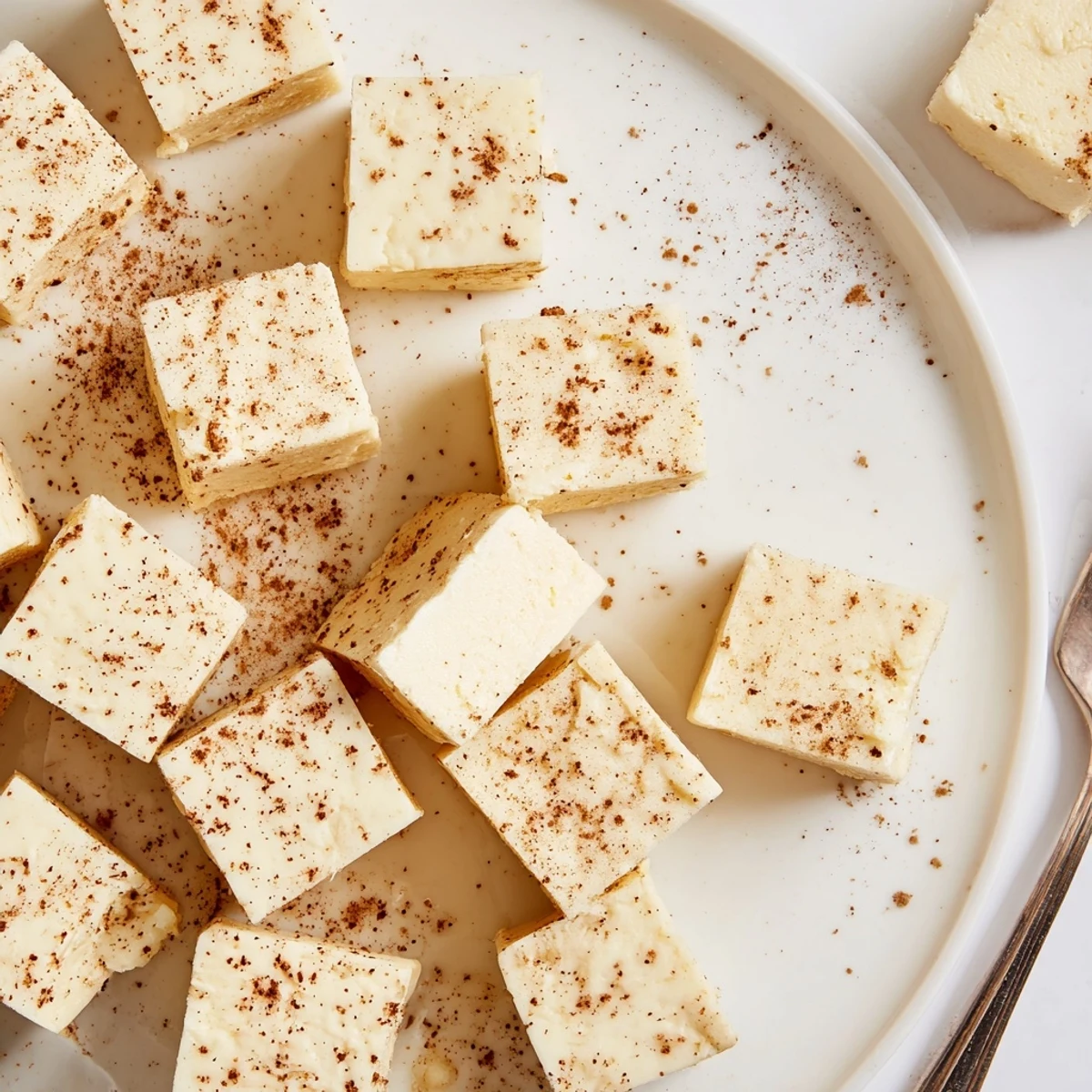 Plate of chilled Eggnog Fudge pieces beside spiced rum and pecans